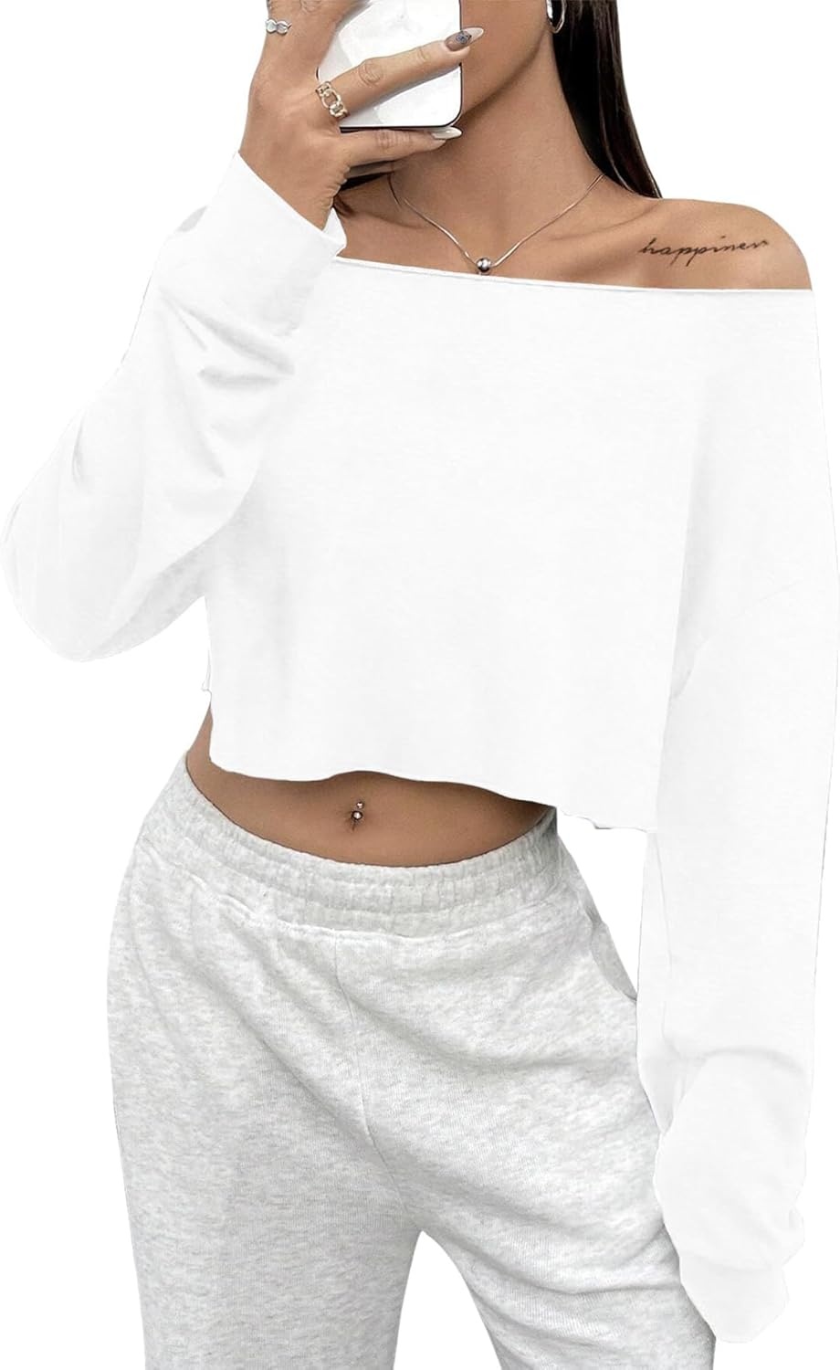 image:imageAvanova Women Off The Shoulder Crop Tops Long Sleeve T Shirts Oversized Loose TeeWhite