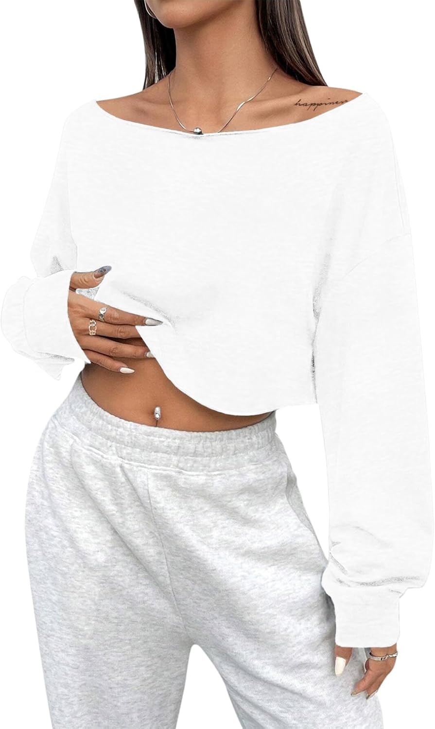 image:imageAvanova Women Off The Shoulder Crop Tops Long Sleeve T Shirts Oversized Loose TeeWhite