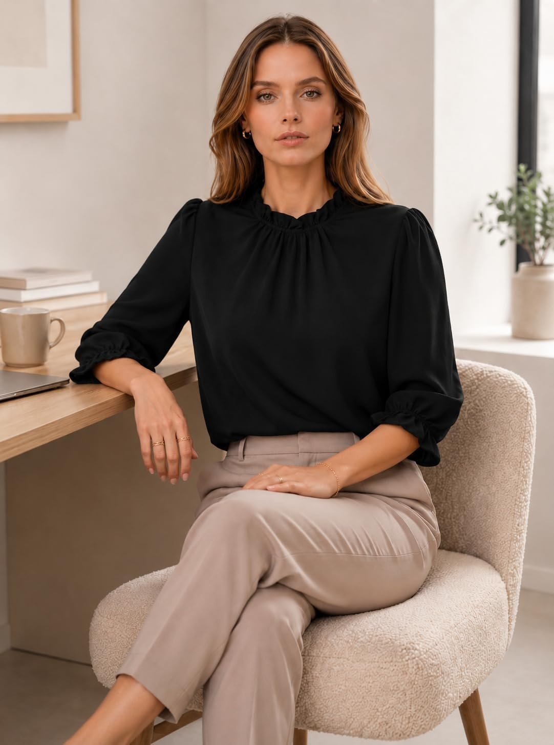 image:imageAvanova Women Polka Dot Long Sleeve Blouse Shirts Work Mock Neck Ruffle TopBlack