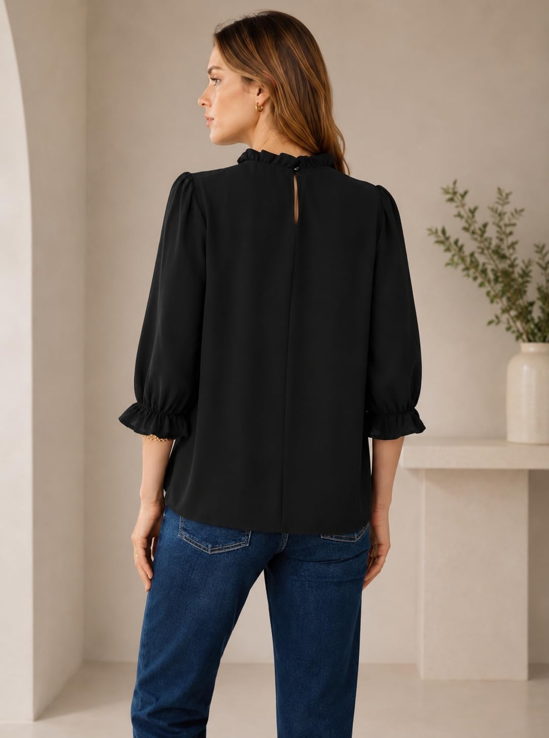 image:imageAvanova Women Polka Dot Long Sleeve Blouse Shirts Work Mock Neck Ruffle TopBlack
