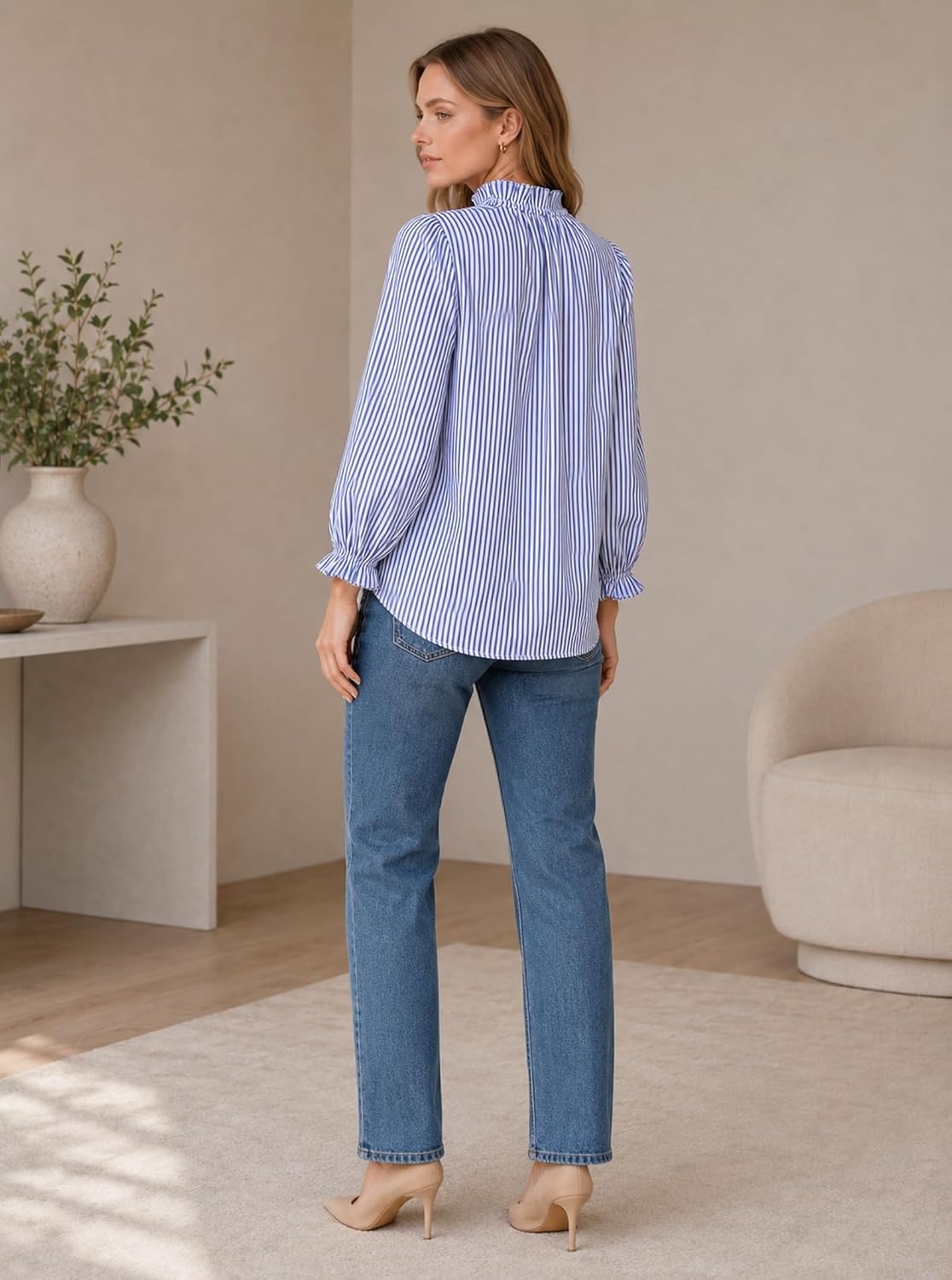 image:imageAvanova Women Polka Dot Long Sleeve Blouse Shirts Work Mock Neck Ruffle TopBlue Striped