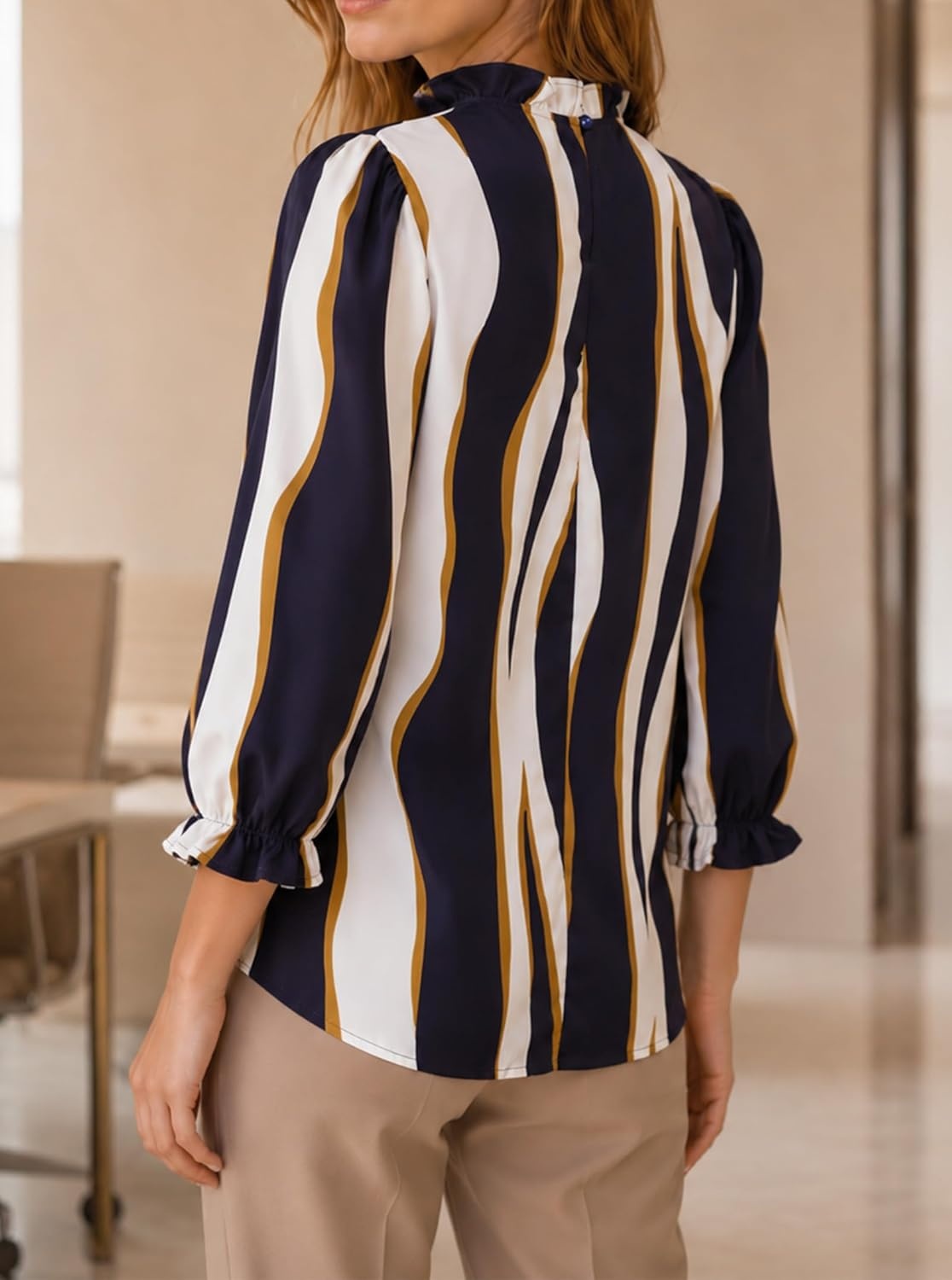 image:imageAvanova Women Polka Dot Long Sleeve Blouse Shirts Work Mock Neck Ruffle TopBlue White