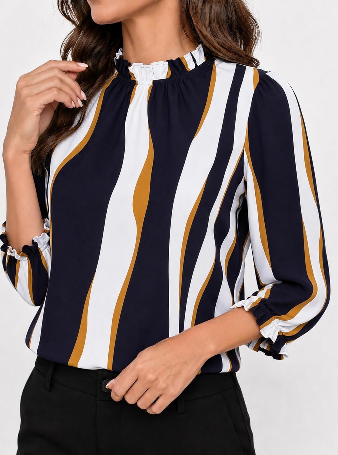 image:imageAvanova Women Polka Dot Long Sleeve Blouse Shirts Work Mock Neck Ruffle TopBlue White