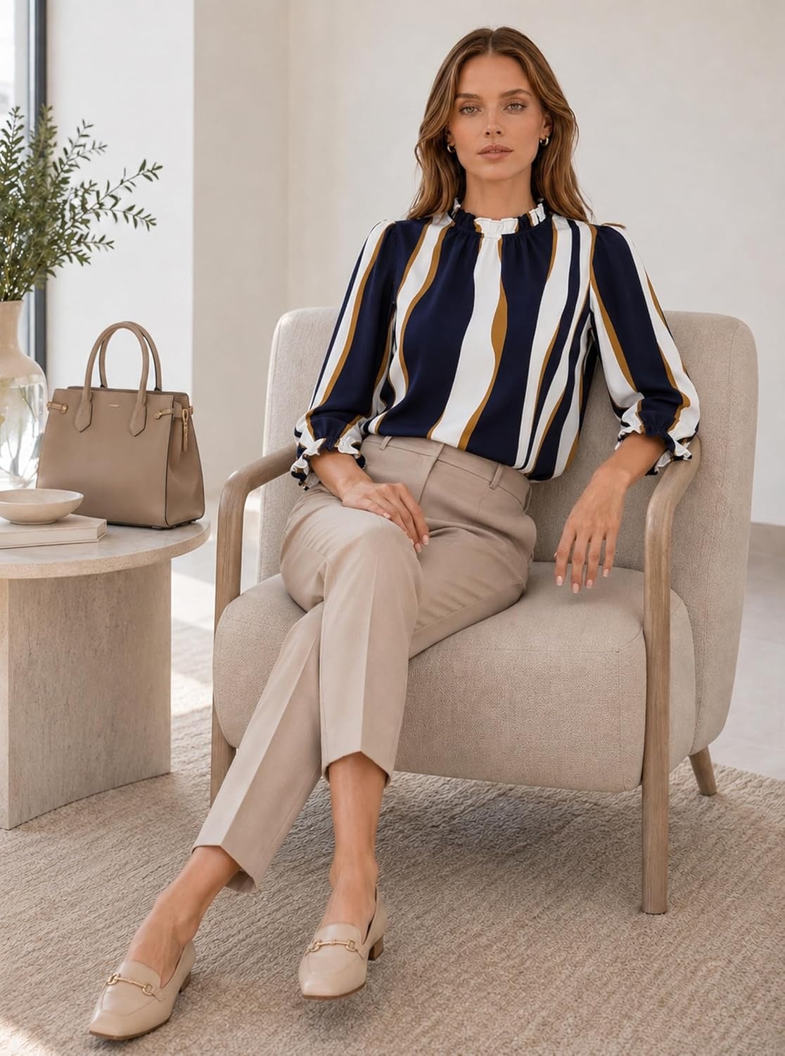 image:imageAvanova Women Polka Dot Long Sleeve Blouse Shirts Work Mock Neck Ruffle TopBlue White
