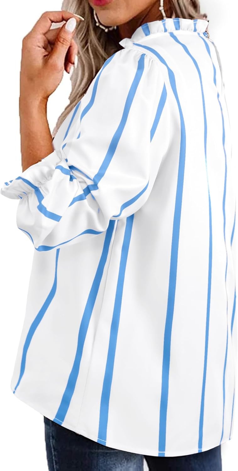image:imageAvanova Women Polka Dot Long Sleeve Blouse Shirts Work Mock Neck Ruffle TopBlue White a