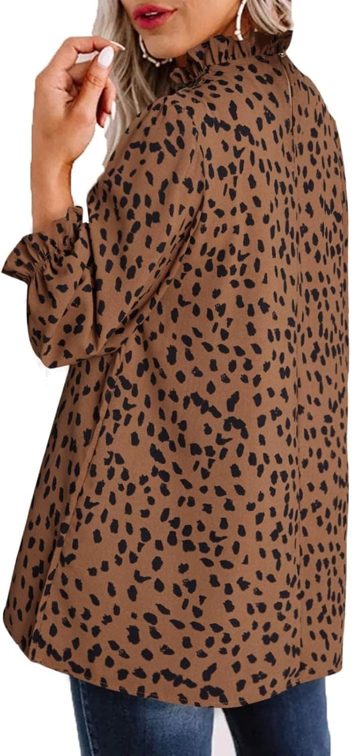 image:imageAvanova Women Polka Dot Long Sleeve Blouse Shirts Work Mock Neck Ruffle TopBrown Leopard