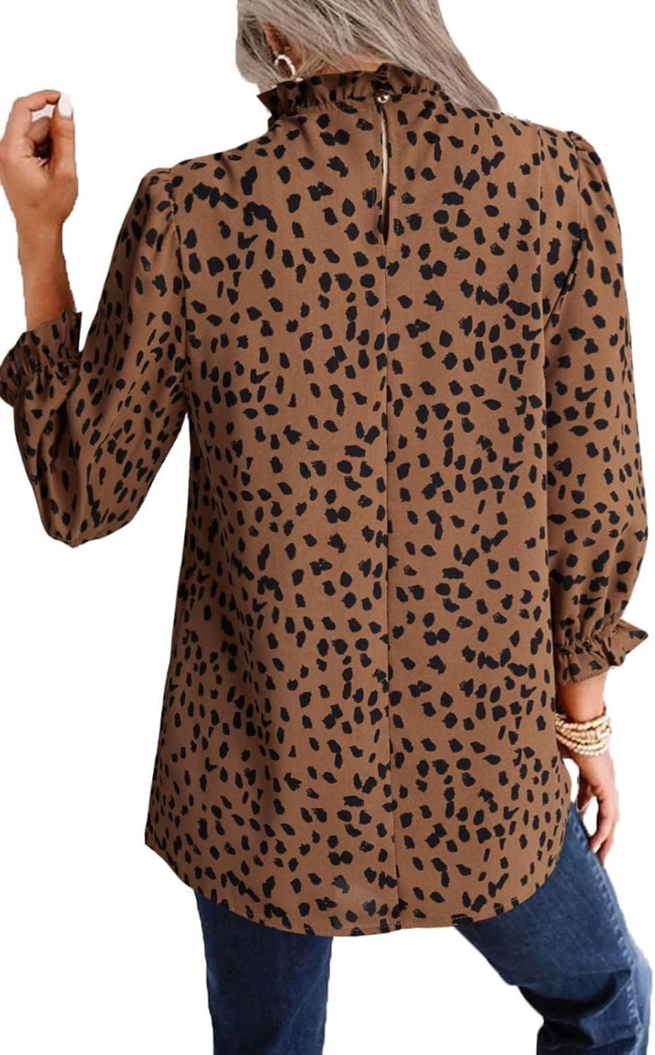 image:imageAvanova Women Polka Dot Long Sleeve Blouse Shirts Work Mock Neck Ruffle TopBrown Leopard