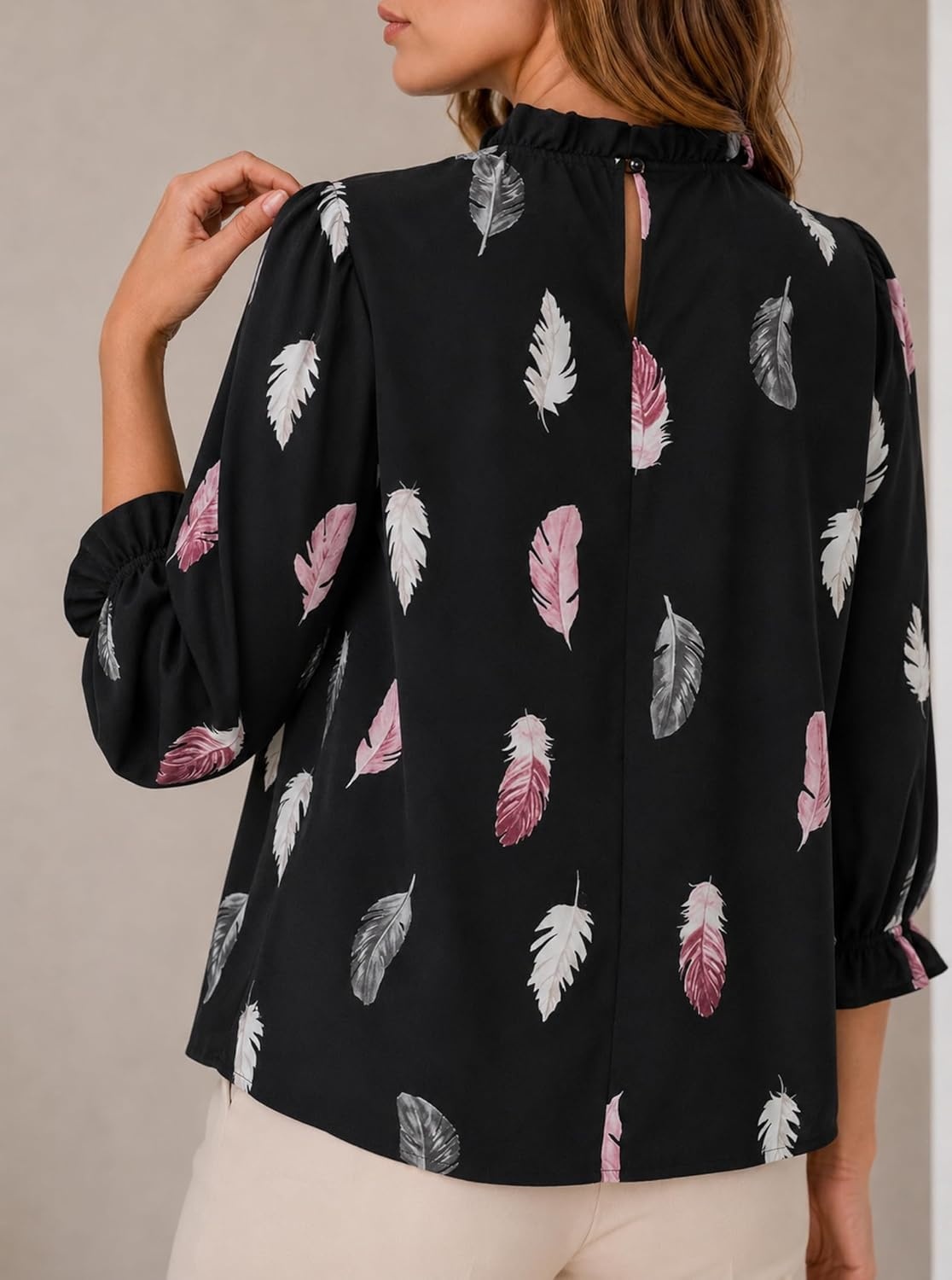 image:imageAvanova Women Polka Dot Long Sleeve Blouse Shirts Work Mock Neck Ruffle TopFeather Black