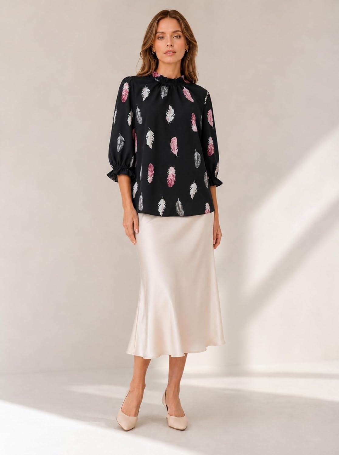 image:imageAvanova Women Polka Dot Long Sleeve Blouse Shirts Work Mock Neck Ruffle TopFeather Black