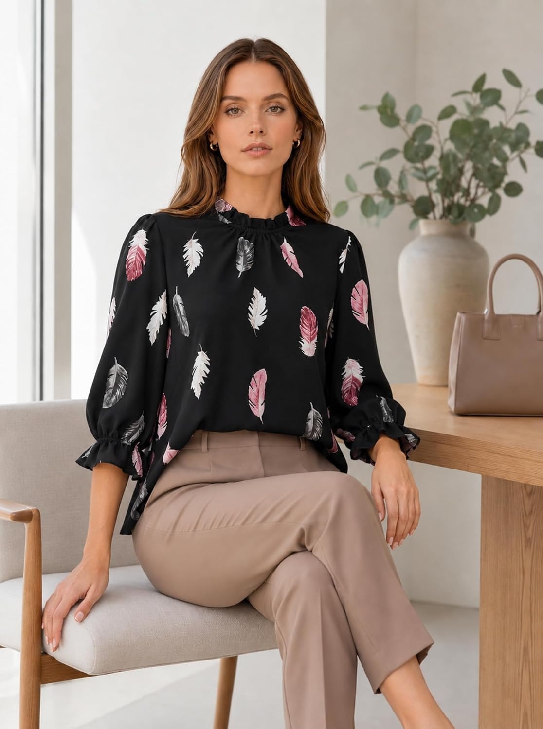 image:imageAvanova Women Polka Dot Long Sleeve Blouse Shirts Work Mock Neck Ruffle TopFeather Black