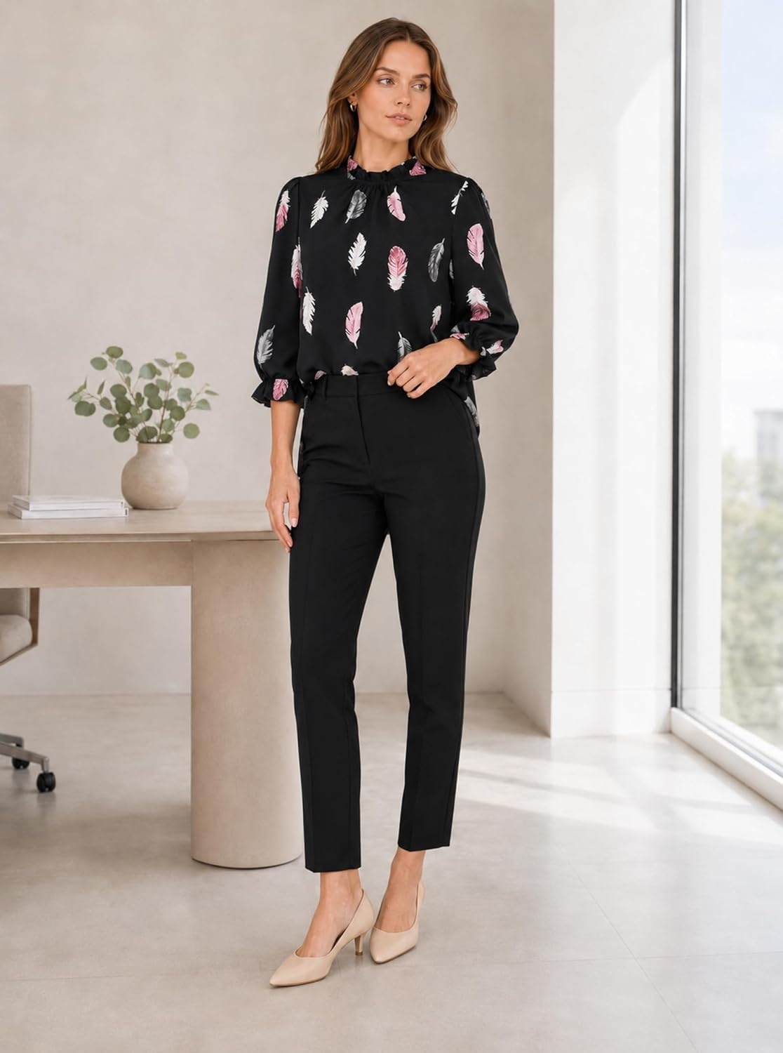 image:imageAvanova Women Polka Dot Long Sleeve Blouse Shirts Work Mock Neck Ruffle TopFeather Black