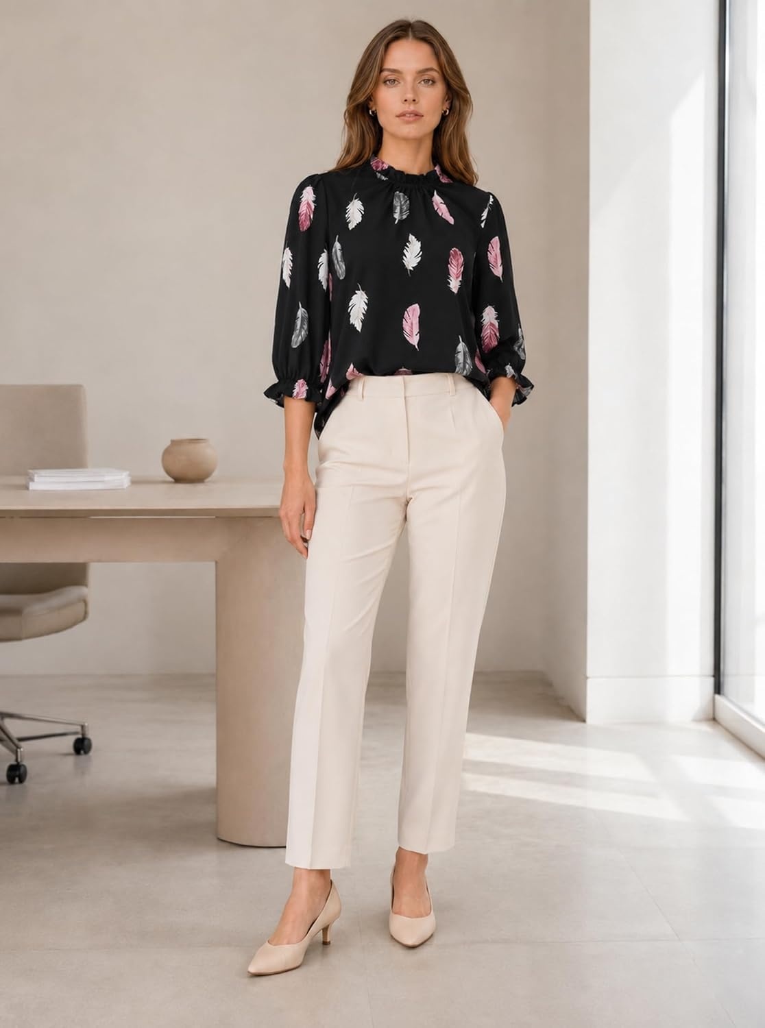 image:imageAvanova Women Polka Dot Long Sleeve Blouse Shirts Work Mock Neck Ruffle TopFeather Black