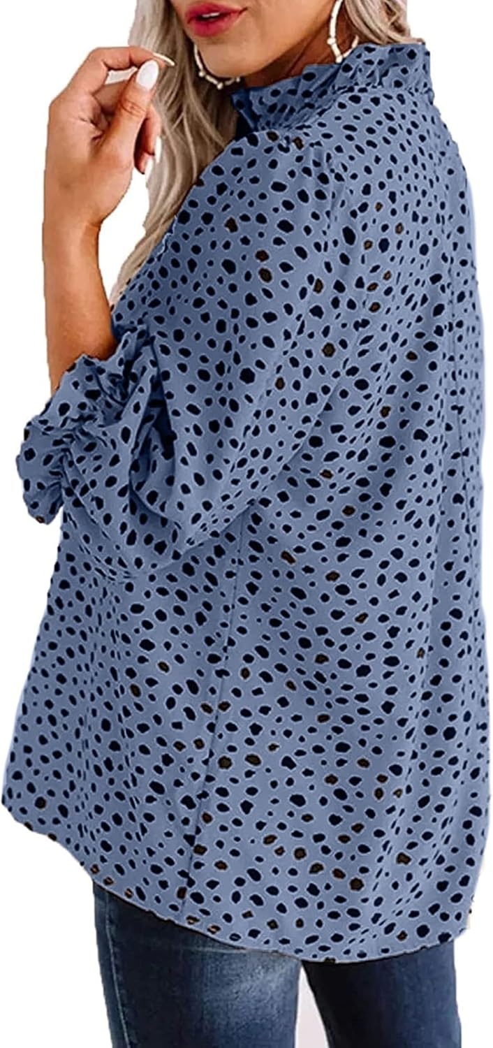 image:imageAvanova Women Polka Dot Long Sleeve Blouse Shirts Work Mock Neck Ruffle TopLeopard Blue