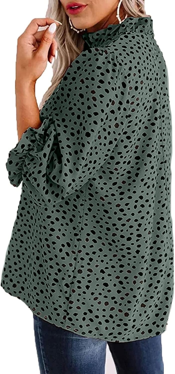 image:imageAvanova Women Polka Dot Long Sleeve Blouse Shirts Work Mock Neck Ruffle TopLeopard Green