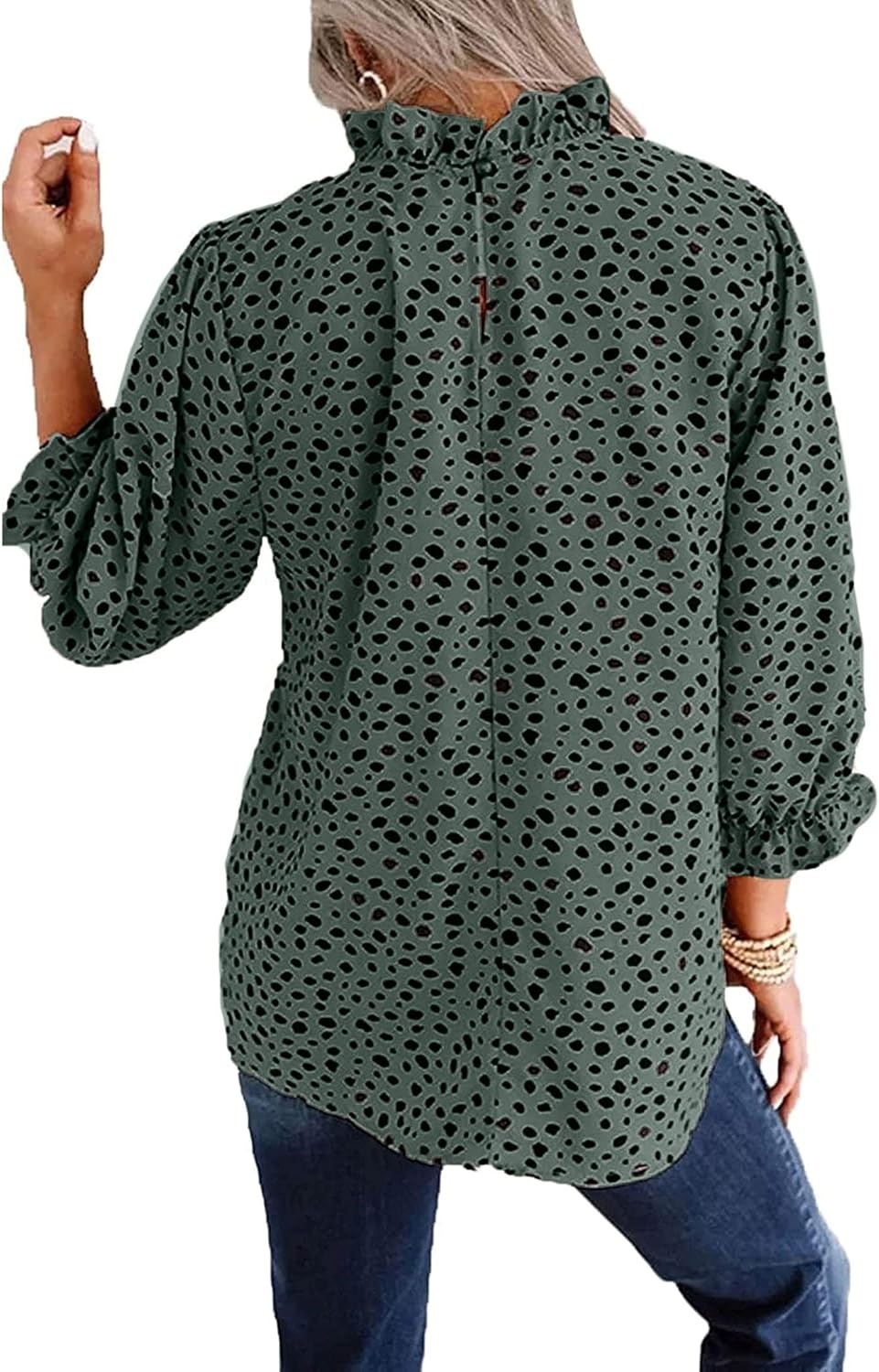image:imageAvanova Women Polka Dot Long Sleeve Blouse Shirts Work Mock Neck Ruffle TopLeopard Green
