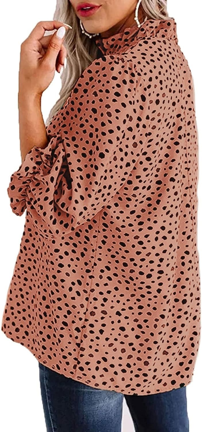 image:imageAvanova Women Polka Dot Long Sleeve Blouse Shirts Work Mock Neck Ruffle TopLeopard Pink