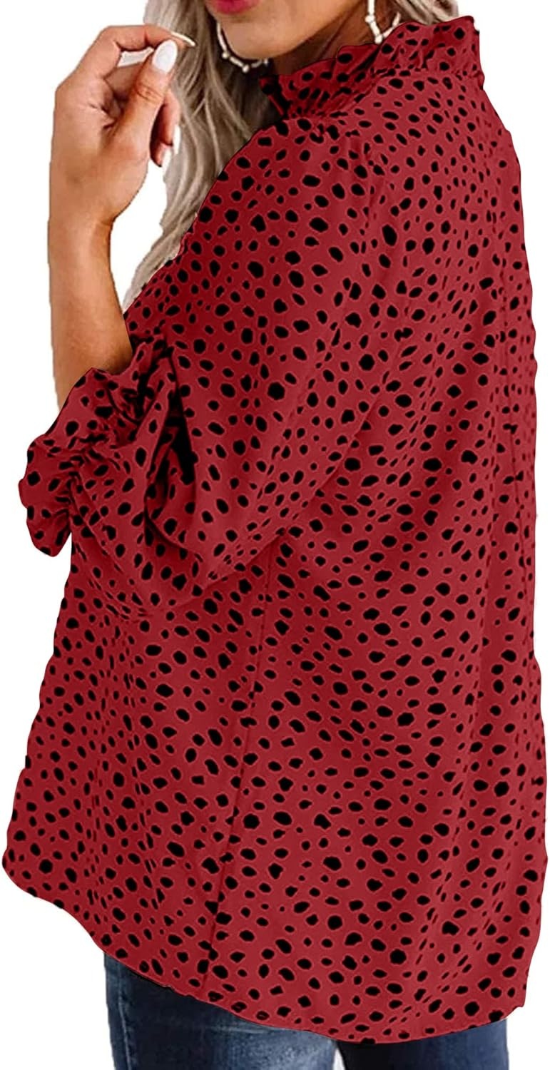 image:imageAvanova Women Polka Dot Long Sleeve Blouse Shirts Work Mock Neck Ruffle TopLeopard Red