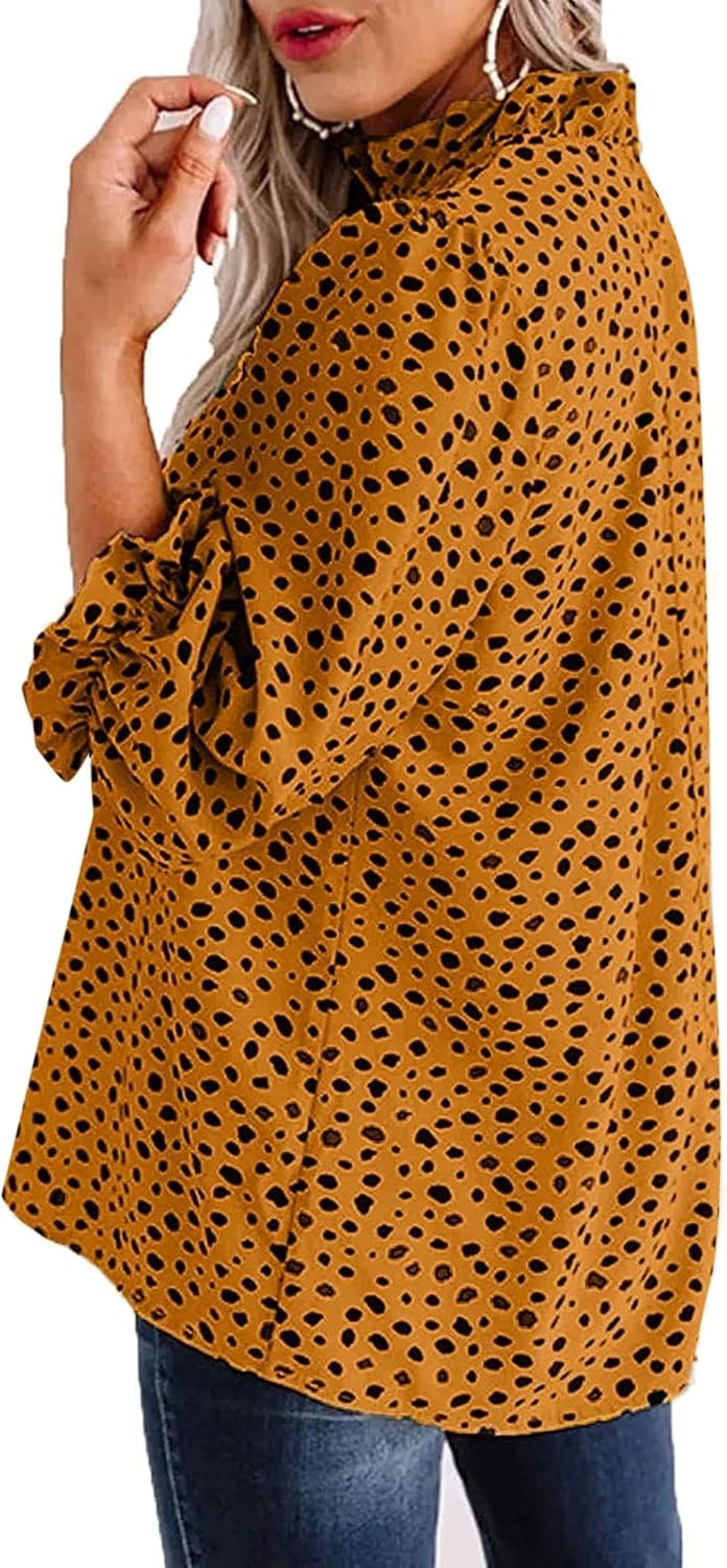 image:imageAvanova Women Polka Dot Long Sleeve Blouse Shirts Work Mock Neck Ruffle TopLeopard Yellow