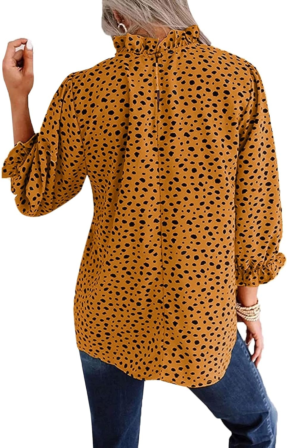 image:imageAvanova Women Polka Dot Long Sleeve Blouse Shirts Work Mock Neck Ruffle TopLeopard Yellow