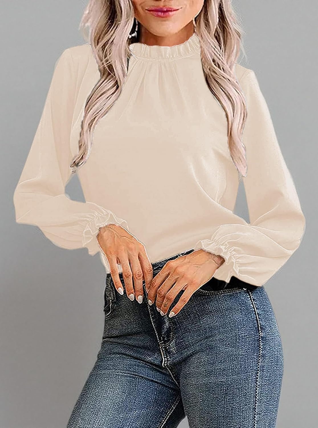 image:imageAvanova Women Polka Dot Long Sleeve Blouse Shirts Work Mock Neck Ruffle TopSolid Beige