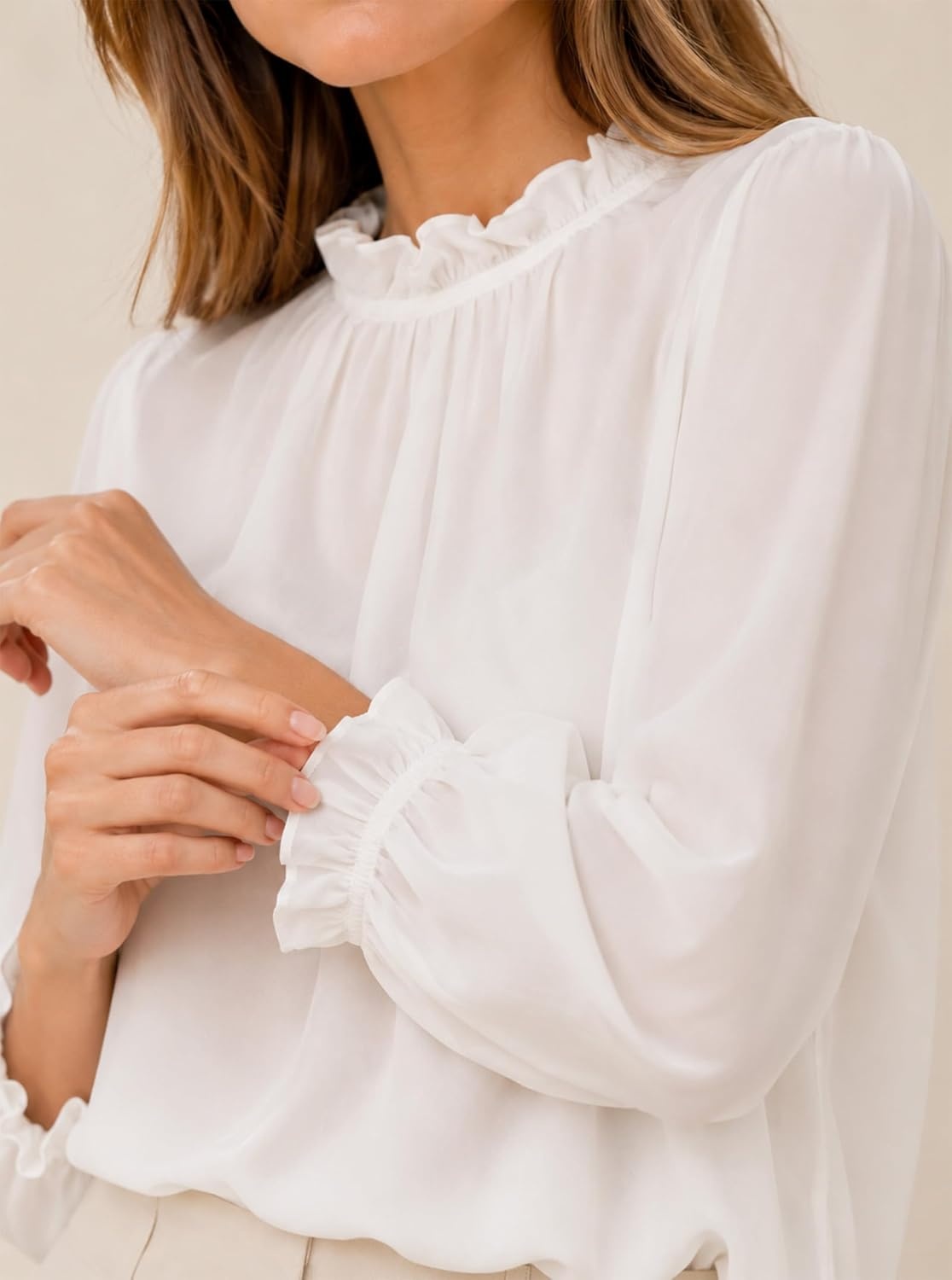 image:imageAvanova Women Polka Dot Long Sleeve Blouse Shirts Work Mock Neck Ruffle TopWhite Solid