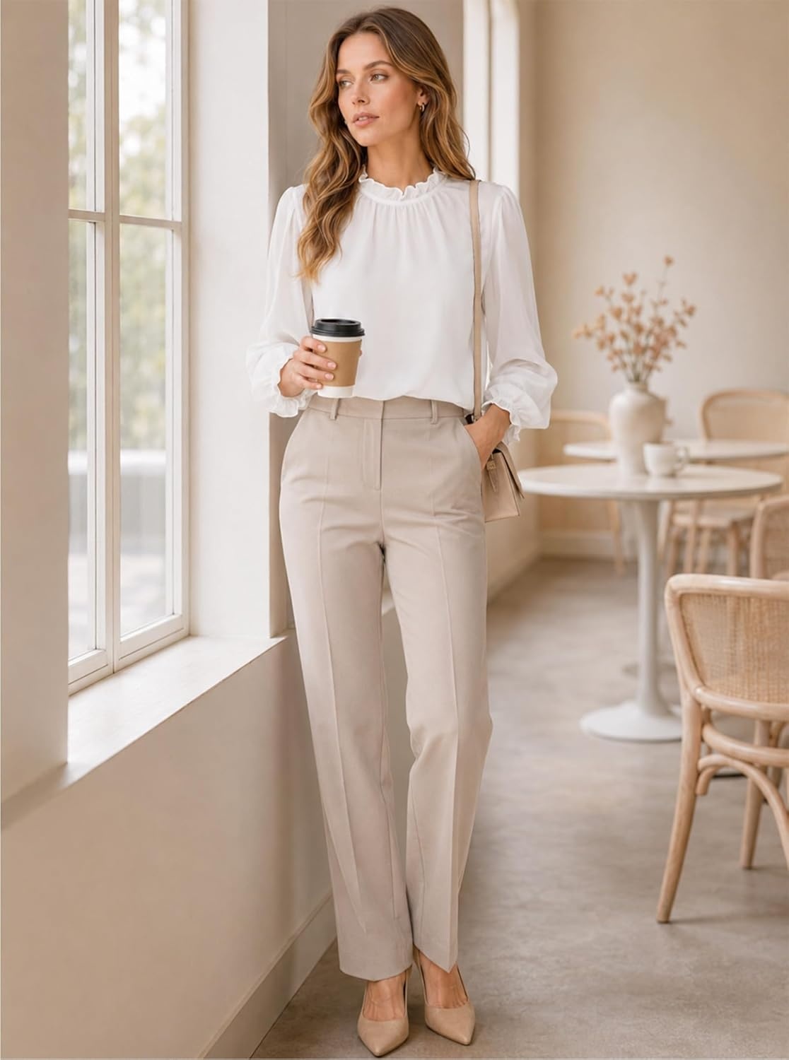 image:imageAvanova Women Polka Dot Long Sleeve Blouse Shirts Work Mock Neck Ruffle TopWhite Solid