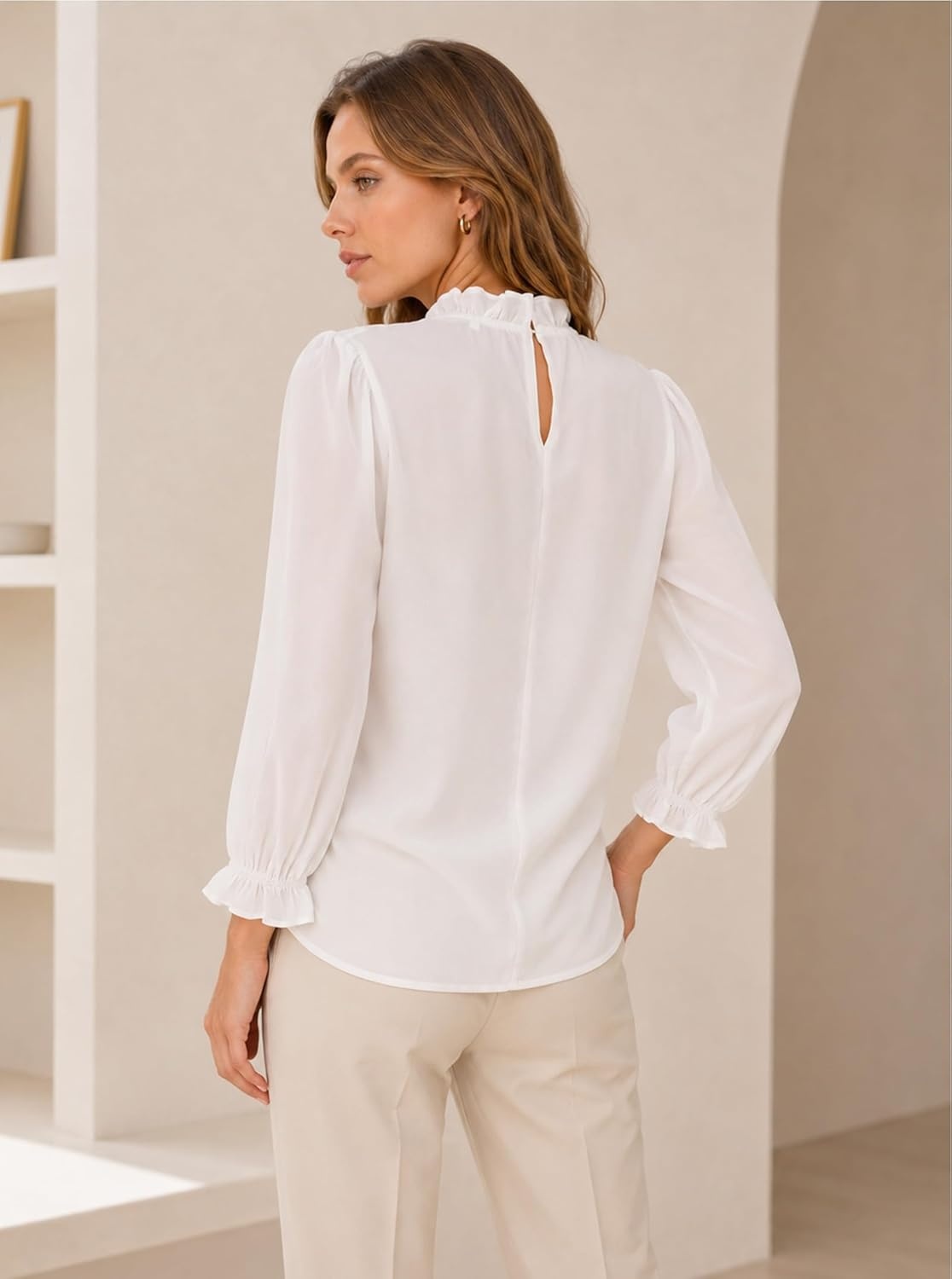 image:imageAvanova Women Polka Dot Long Sleeve Blouse Shirts Work Mock Neck Ruffle TopWhite Solid