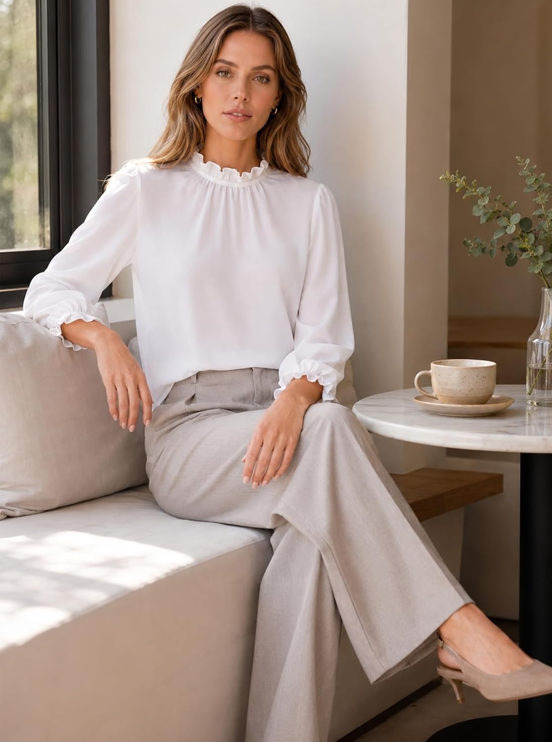 image:imageAvanova Women Polka Dot Long Sleeve Blouse Shirts Work Mock Neck Ruffle TopWhite Solid