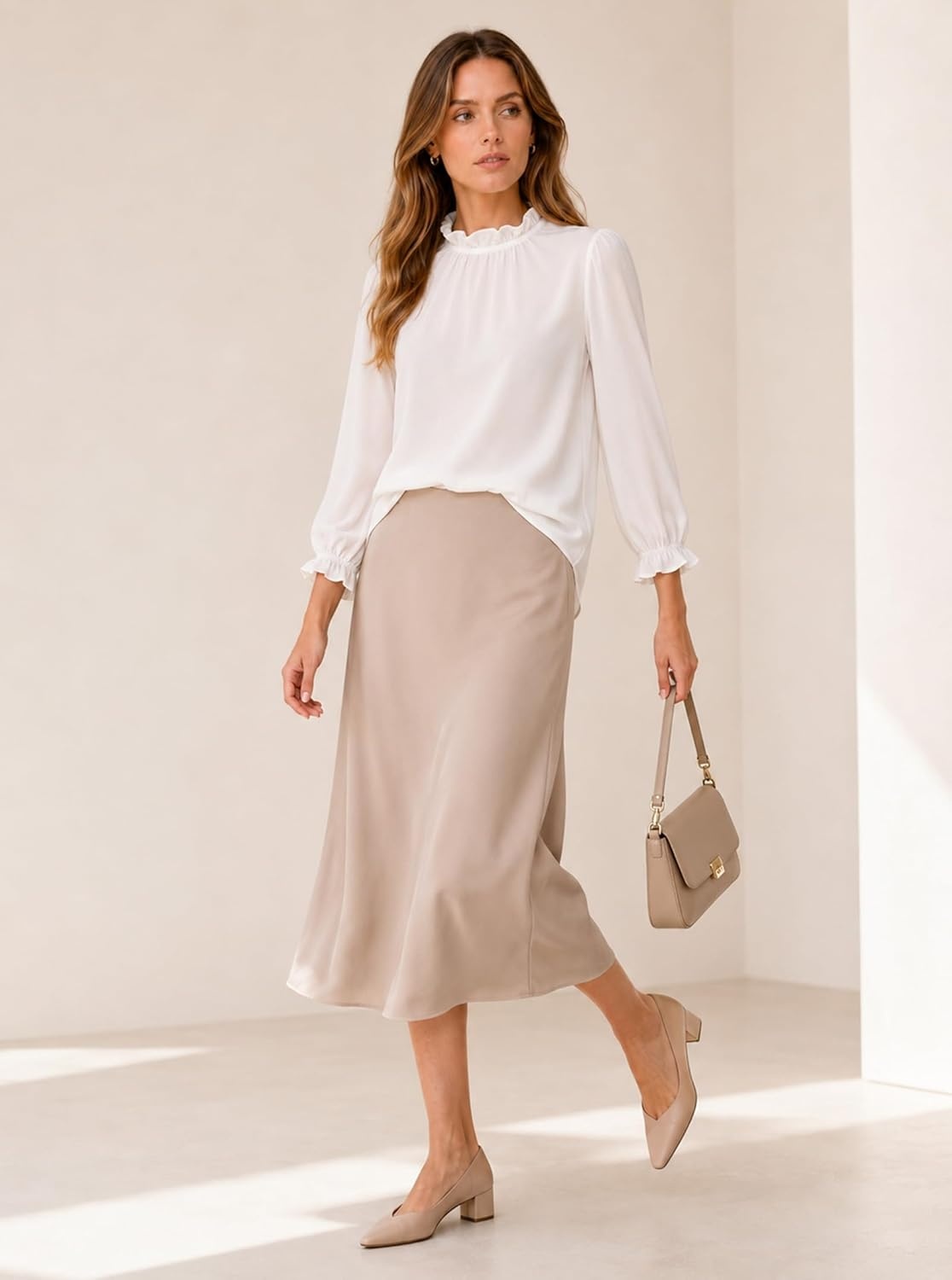 image:imageAvanova Women Polka Dot Long Sleeve Blouse Shirts Work Mock Neck Ruffle TopWhite Solid