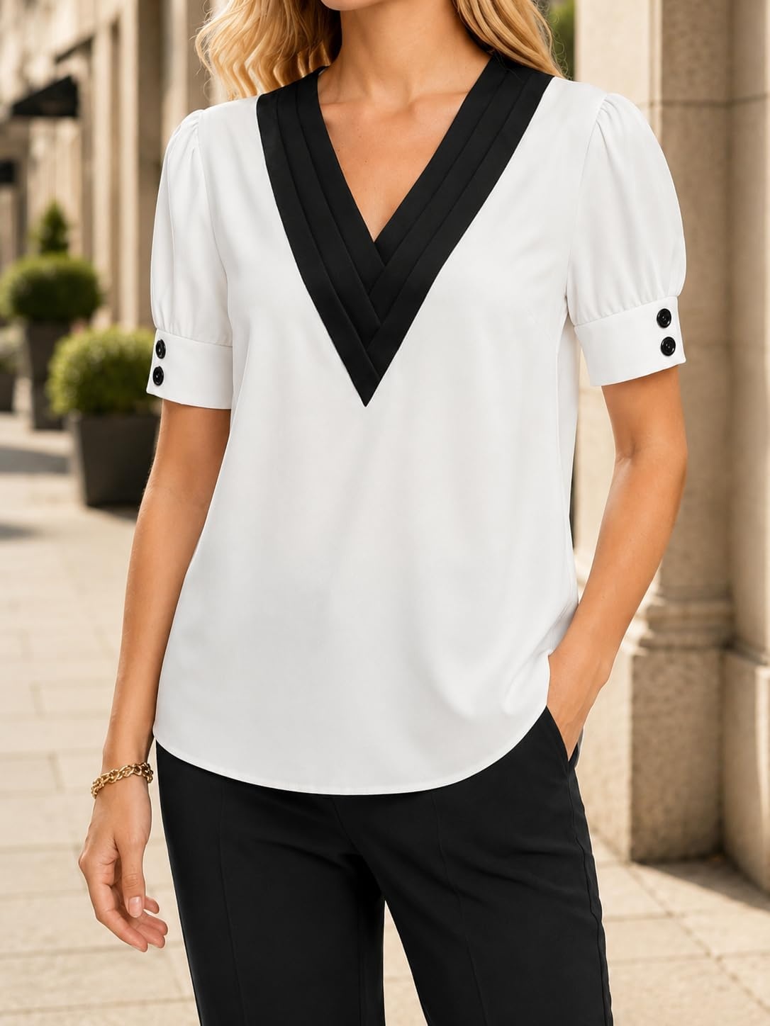 image:imageAvanova Women Puff Short Sleeve Blouses Contrast V Neck Tops Business Casual Office Work ShirtsWhite