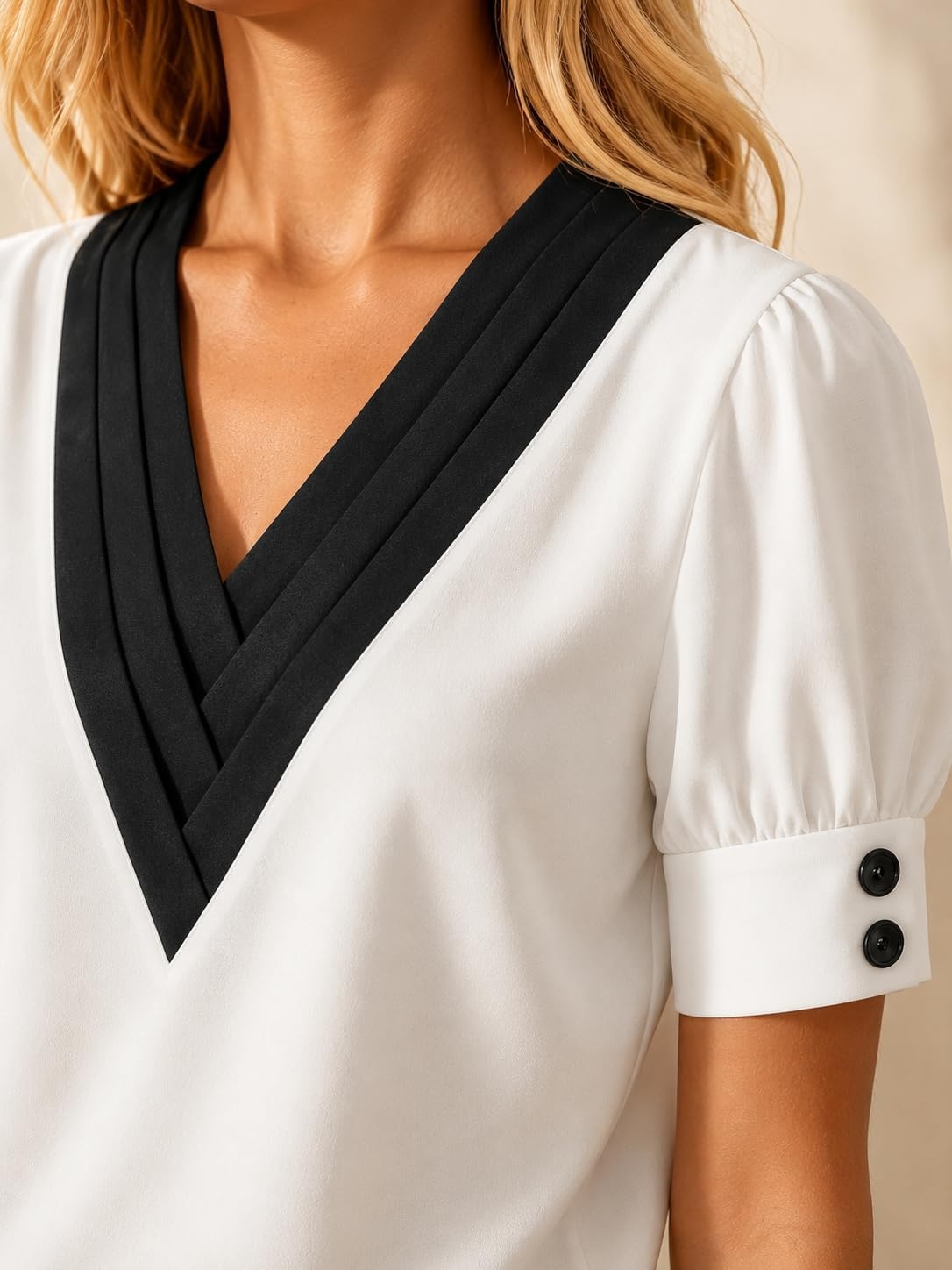 image:imageAvanova Women Puff Short Sleeve Blouses Contrast V Neck Tops Business Casual Office Work ShirtsWhite