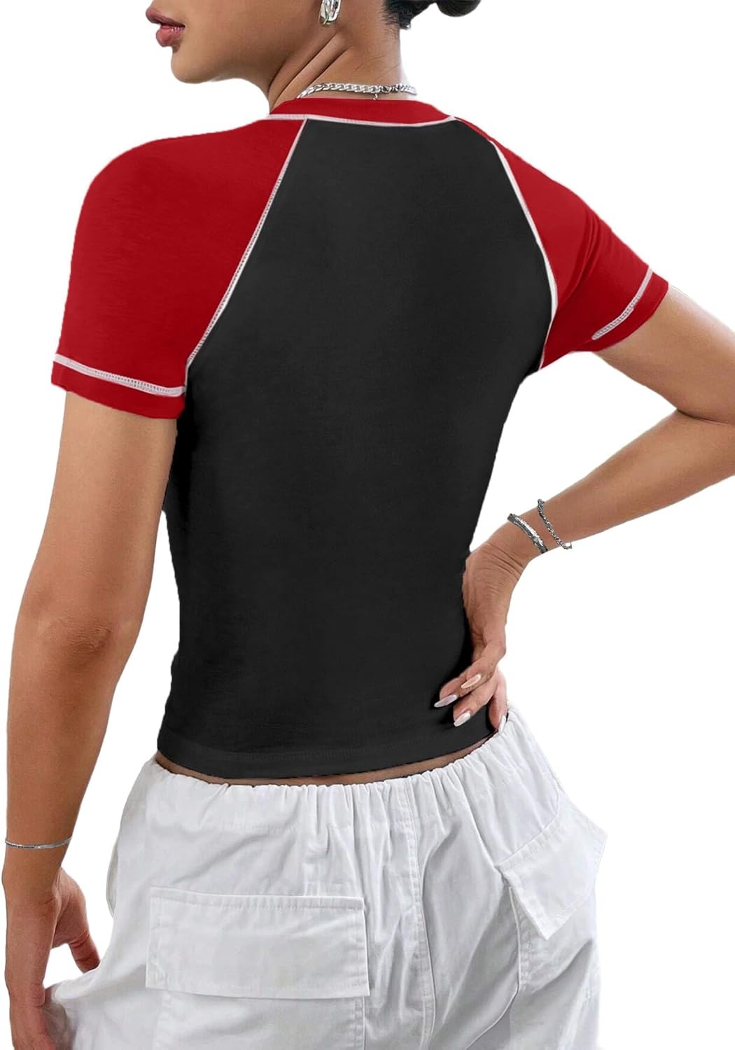 image:imageAvanova Women Raglan Colorblock Baby Tee Shirt Short Sleeve Summer Casual TopsBlack Red