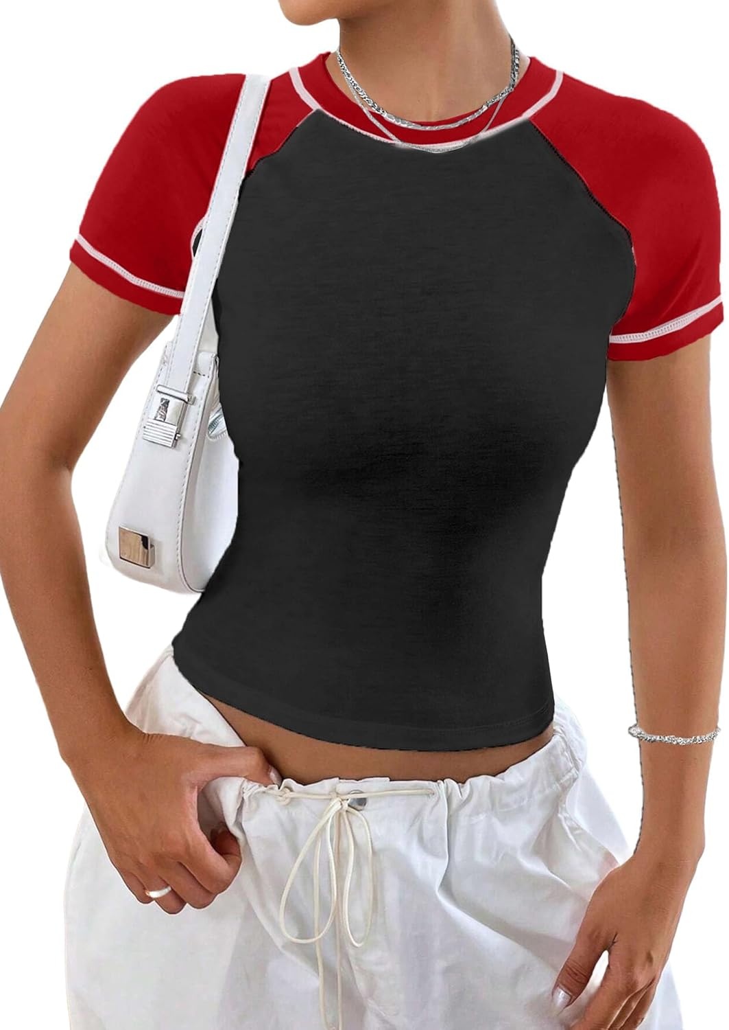 image:imageAvanova Women Raglan Colorblock Baby Tee Shirt Short Sleeve Summer Casual TopsBlack Red