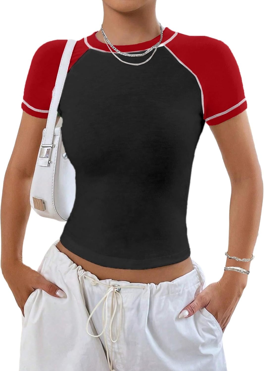 image:imageAvanova Women Raglan Colorblock Baby Tee Shirt Short Sleeve Summer Casual TopsBlack Red