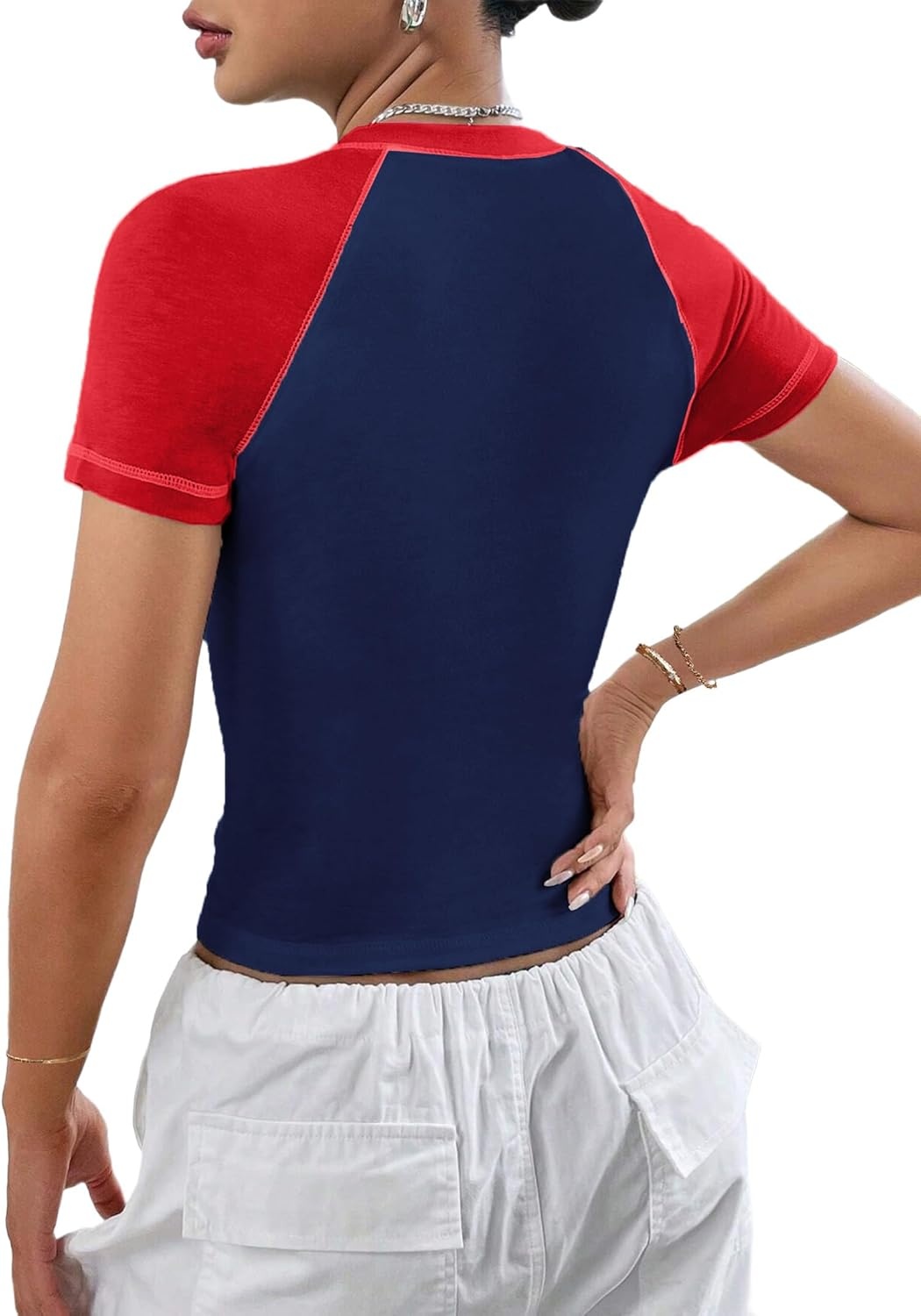 image:imageAvanova Women Raglan Colorblock Baby Tee Shirt Short Sleeve Summer Casual TopsBlue Red