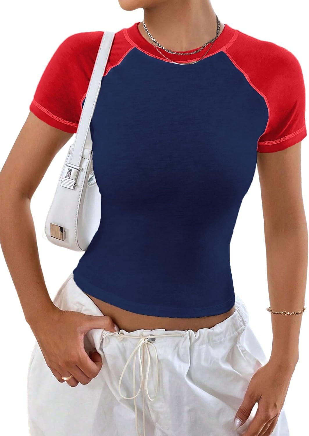 image:imageAvanova Women Raglan Colorblock Baby Tee Shirt Short Sleeve Summer Casual TopsBlue Red