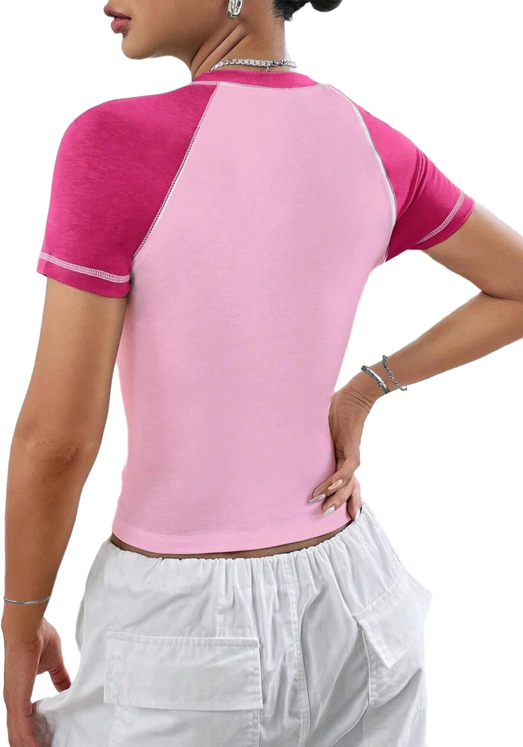 image:imageAvanova Women Raglan Colorblock Baby Tee Shirt Short Sleeve Summer Casual TopsPink