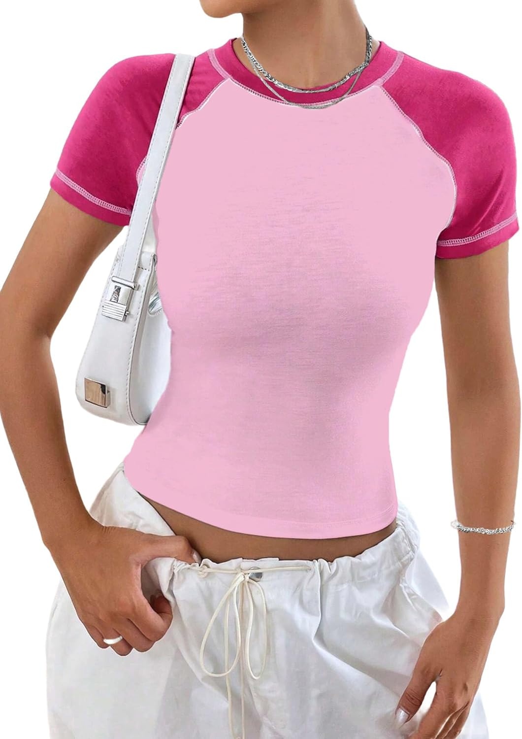 image:imageAvanova Women Raglan Colorblock Baby Tee Shirt Short Sleeve Summer Casual TopsPink