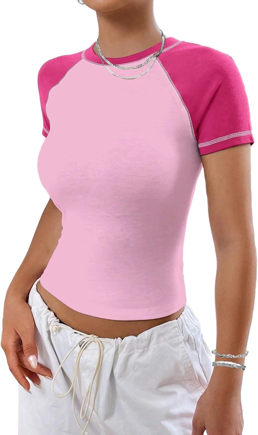 image:imageAvanova Women Raglan Colorblock Baby Tee Shirt Short Sleeve Summer Casual TopsPink