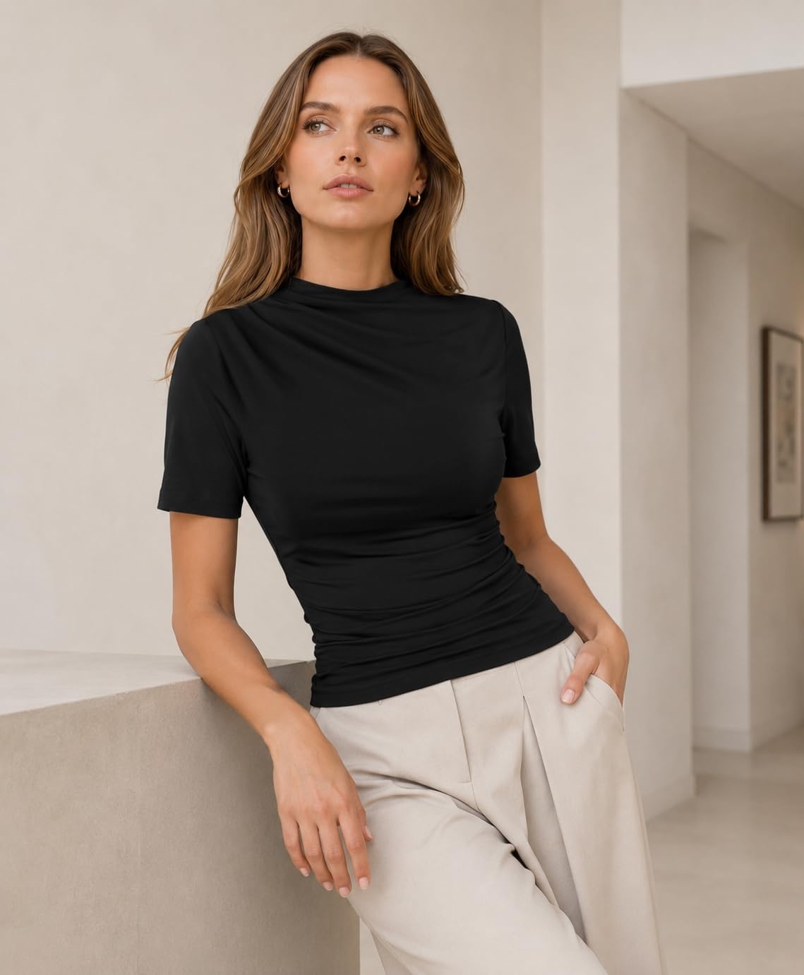 image:imageAvanova Women Ruched Mock Neck Tops Short Sleeve Fitted Dressy Casual Business Work ShirtsBlack