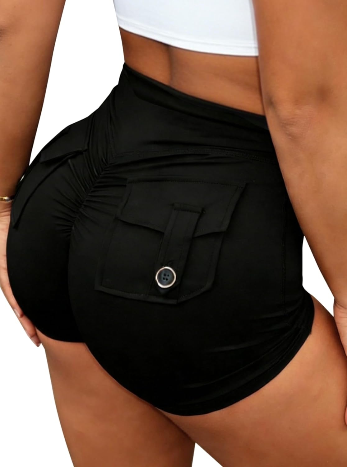 image:imageAvanova Women Scrunch Butt Lifting Shorts V Crossed High Waisted Cargo Booty Shorts with Pockets for Gym WorkoutBlack