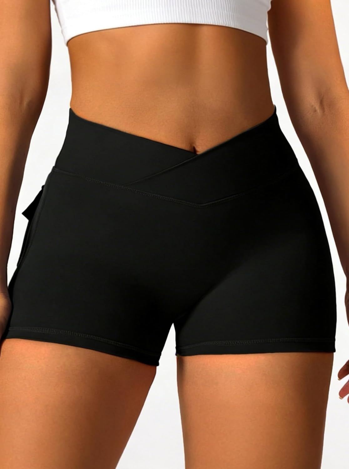 image:imageAvanova Women Scrunch Butt Lifting Shorts V Crossed High Waisted Cargo Booty Shorts with Pockets for Gym WorkoutBlack