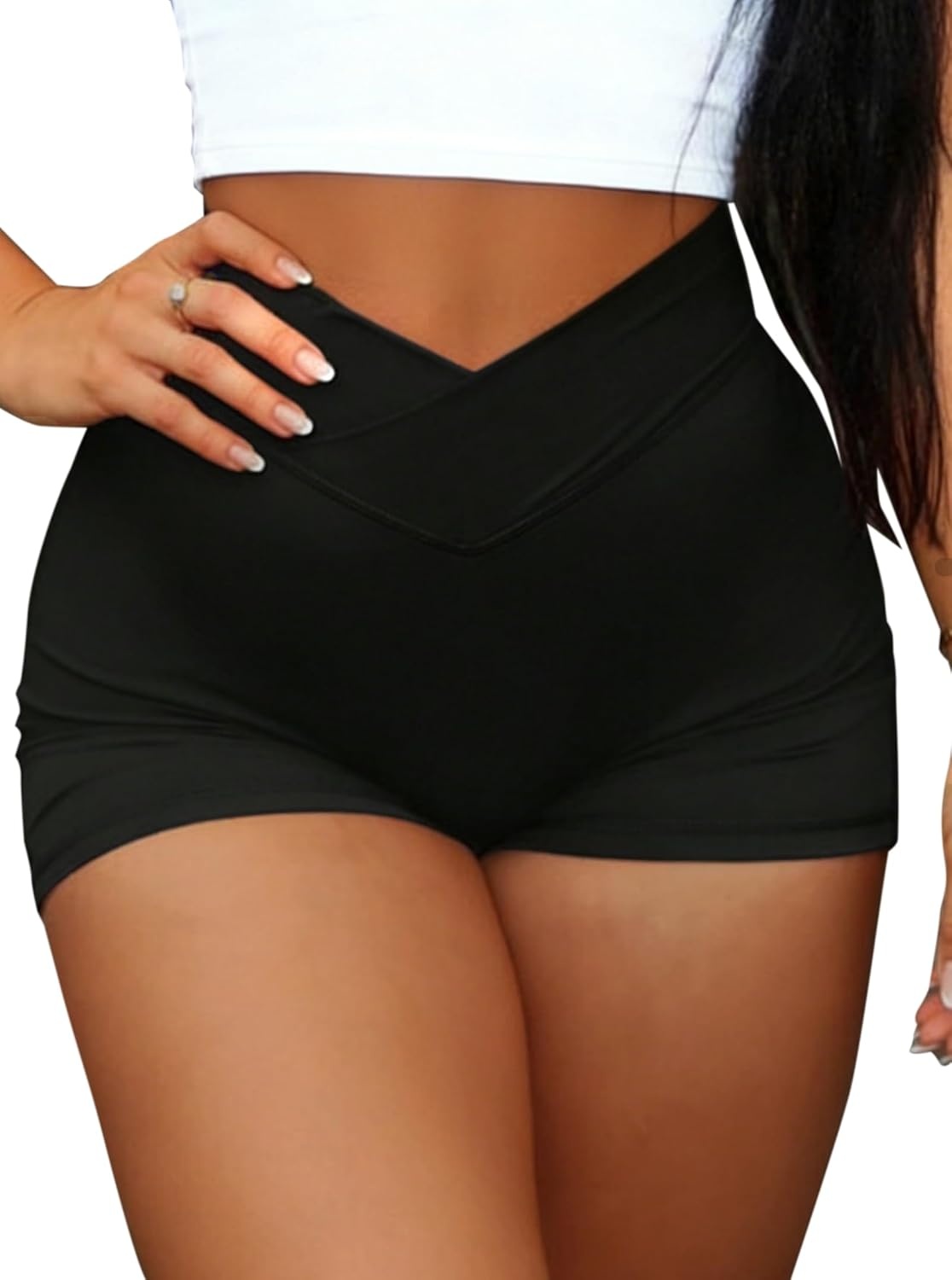 image:imageAvanova Women Scrunch Butt Lifting Shorts V Crossed High Waisted Cargo Booty Shorts with Pockets for Gym WorkoutBlack