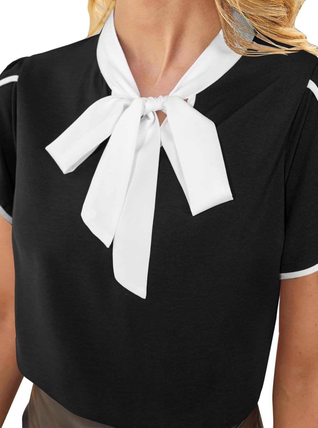 image:imageAvanova Women Short Sleeve Blouses Tie Neck Petal Tulip Sleeve Tops Work Business ShirtsBlack White