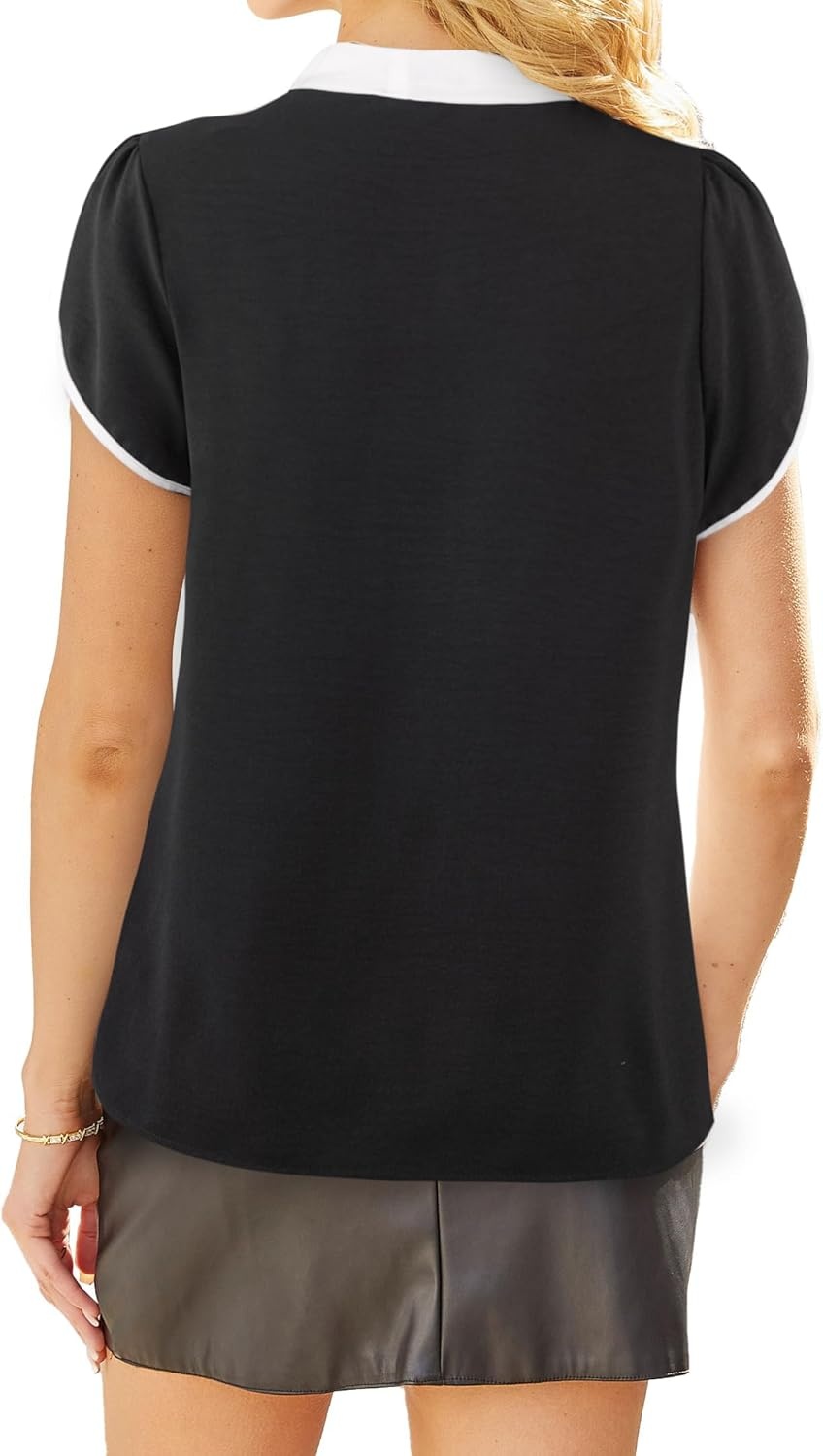 image:imageAvanova Women Short Sleeve Blouses Tie Neck Petal Tulip Sleeve Tops Work Business ShirtsBlack White