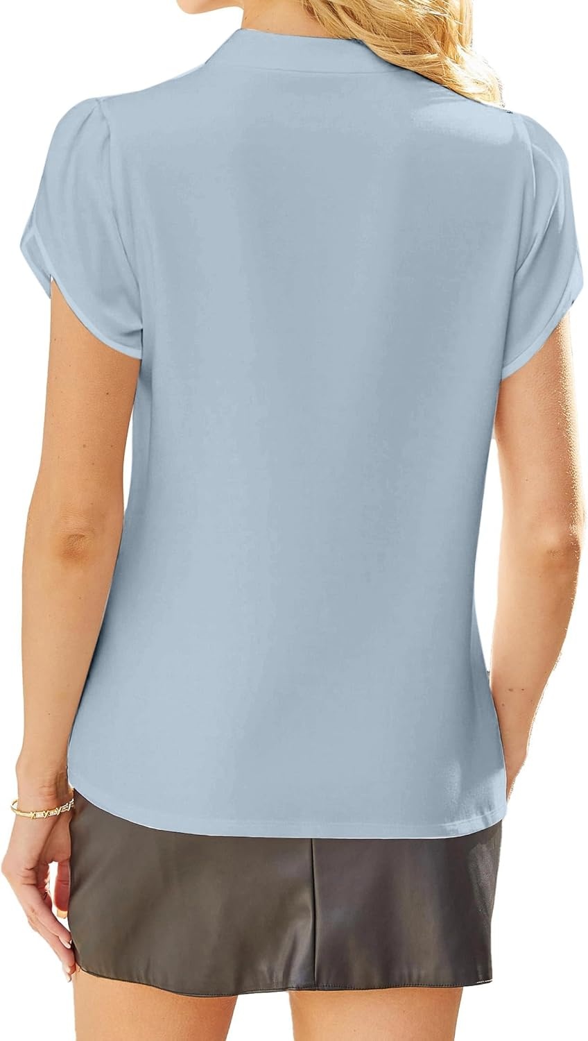 image:imageAvanova Women Short Sleeve Blouses Tie Neck Petal Tulip Sleeve Tops Work Business ShirtsBlue