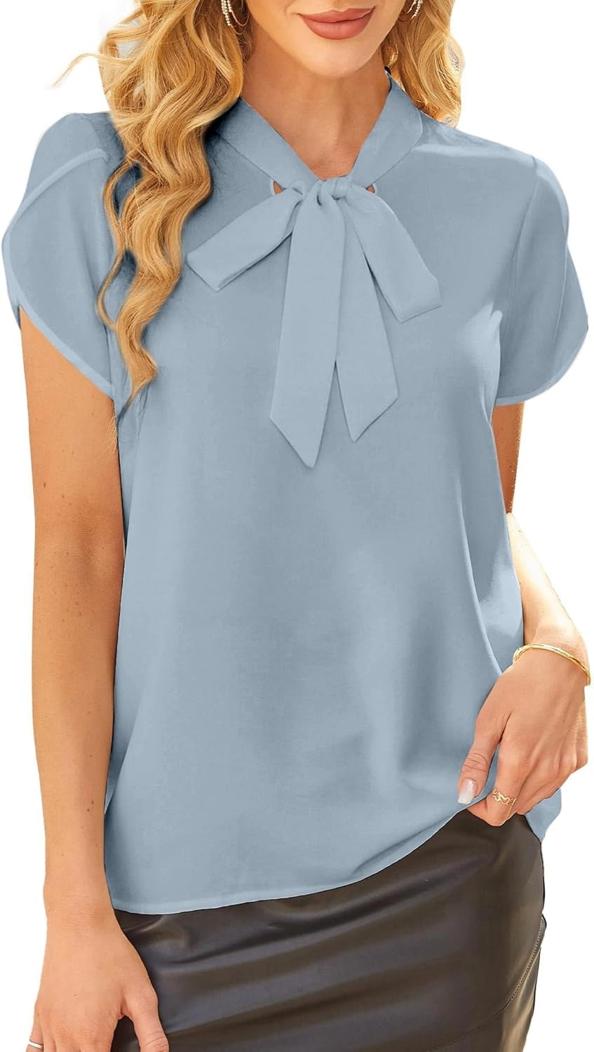 image:imageAvanova Women Short Sleeve Blouses Tie Neck Petal Tulip Sleeve Tops Work Business ShirtsBlue