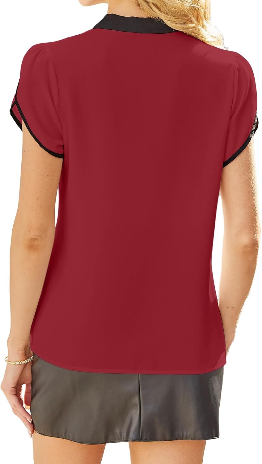 image:imageAvanova Women Short Sleeve Blouses Tie Neck Petal Tulip Sleeve Tops Work Business ShirtsBurgundy