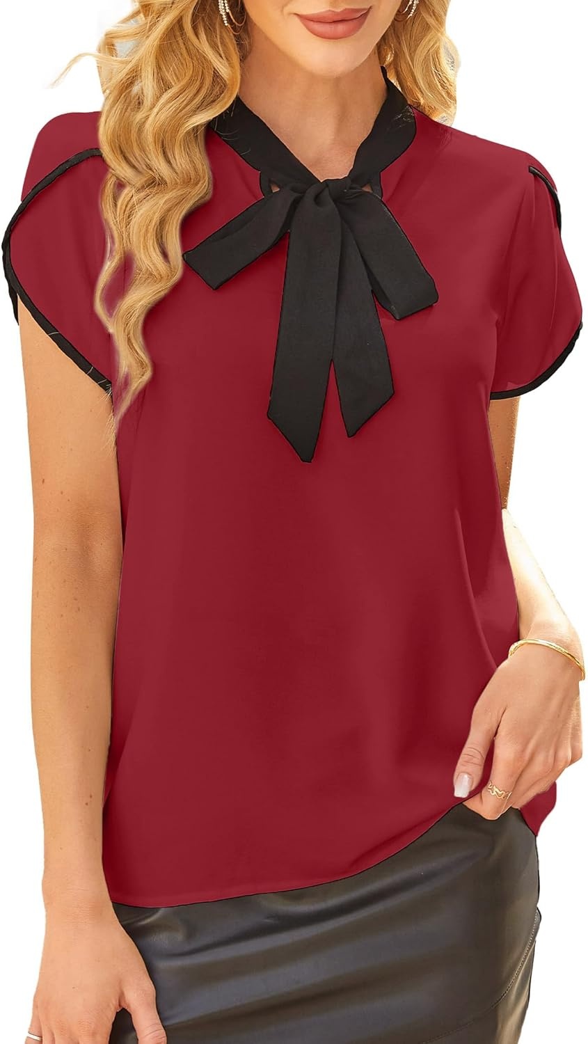 image:imageAvanova Women Short Sleeve Blouses Tie Neck Petal Tulip Sleeve Tops Work Business ShirtsBurgundy