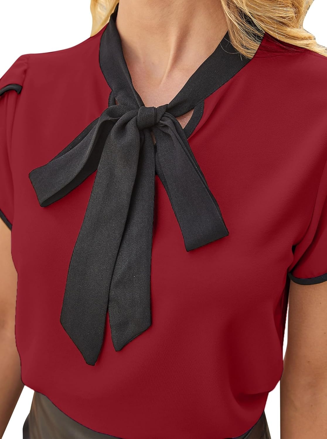 image:imageAvanova Women Short Sleeve Blouses Tie Neck Petal Tulip Sleeve Tops Work Business ShirtsBurgundy